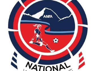 The image depicts a logo for the National Women's League, featuring a circular design with a soccer player kicking a ball, set against a backdrop of a mountain and the acronym 'ANFA'. The logo includes red, white, and blue colors.