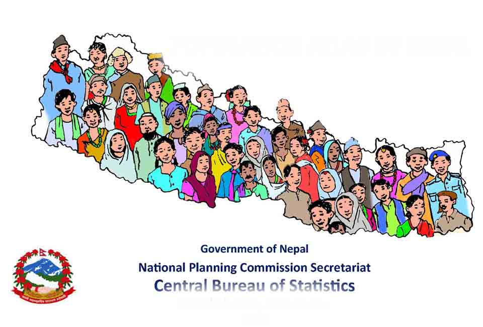 Illustration of diverse group of people from various age groups and ethnicities standing inside the outline of Nepal, representing the census. No specific individuals are named in the image.