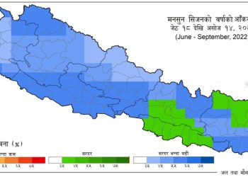 २०७९ सालको मनसुन अवधिमा सरदरभन्दा बढी वर्षा हुने भूभागहरु नीलो रंगमा । तस्वीर : जल तथा मौसम विज्ञान विभाग