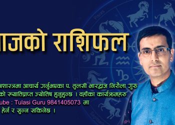 Astrologer Pt. Tulasi Bhardwaj Niroula Guru, wearing a blue vest and glasses, standing in front of a zodiac wheel background, with a serious expression.