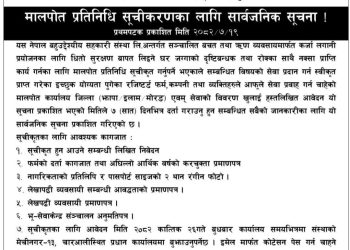 A notice in Nepali from NMC Cooperative, detailing registration requirements for property representatives. No people are visible in the image. The document is titled 'Public Notice for Registration of Property Representatives' and includes a list of required documents and procedures.