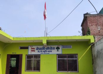 A green building with a sign reading 'Nepali Congress' and a flagpole with a red and white flag, likely the Nepali Congress B.P. Smriti Bhawan in Nawalparasi.