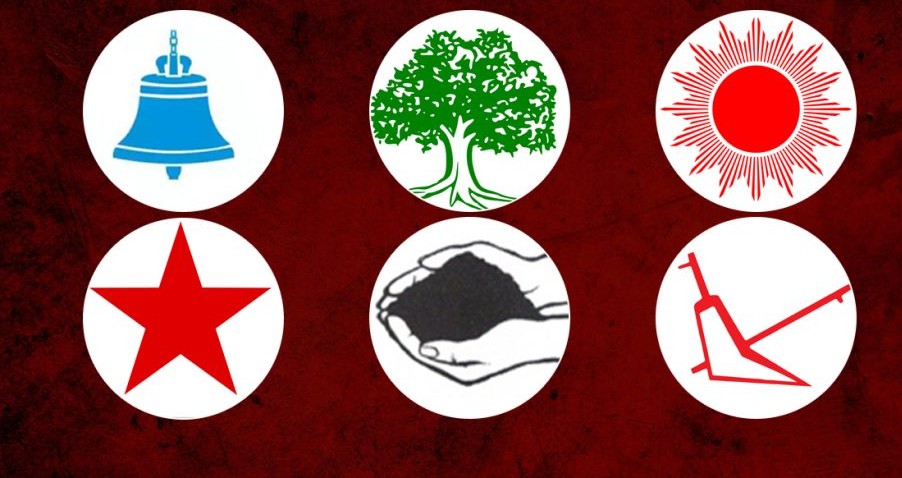 The image features six white circular icons on a dark red background. The icons depict various symbols: a blue bell, a green tree, a red sunburst, a red star, a hand holding a black shape, and a red abstract figure. No specific people are visible.