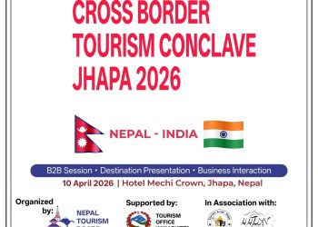 The image shows a promotional poster for the 'Cross Border Tourism Conclave Jhapa 2026' event, organized by the Nepal Tourism Board, supported by the Tourism Office Kakarbhitta, and in association with several other organizations. The event aims to promote tourism between Nepal and India, with a B2B session, destination presentation, and business interaction scheduled for April 10, 2026, at Hotel Mechi Crown in Jhapa, Nepal. The poster features logos of various partner organizations, including Travel Forum Jhapa, Himalayan Hospitality Tourism Development Network, Jhapa Cycling Club, Hotel Mechi Crown, and My Mechinagar.