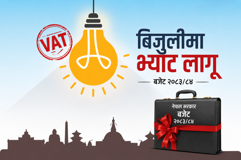 Detailed English alt text for image, A scene of a lightbulb with a red 'VAT stamp and a citysutra silhouette in the background , with a briefcase and and red ribbon on the right. The lightbulb represents 'VAT imposition'. The briefcase and and red ribbon represent 'Nepal Government Budget Budget 2083/84'. The background represents 'sacret'.