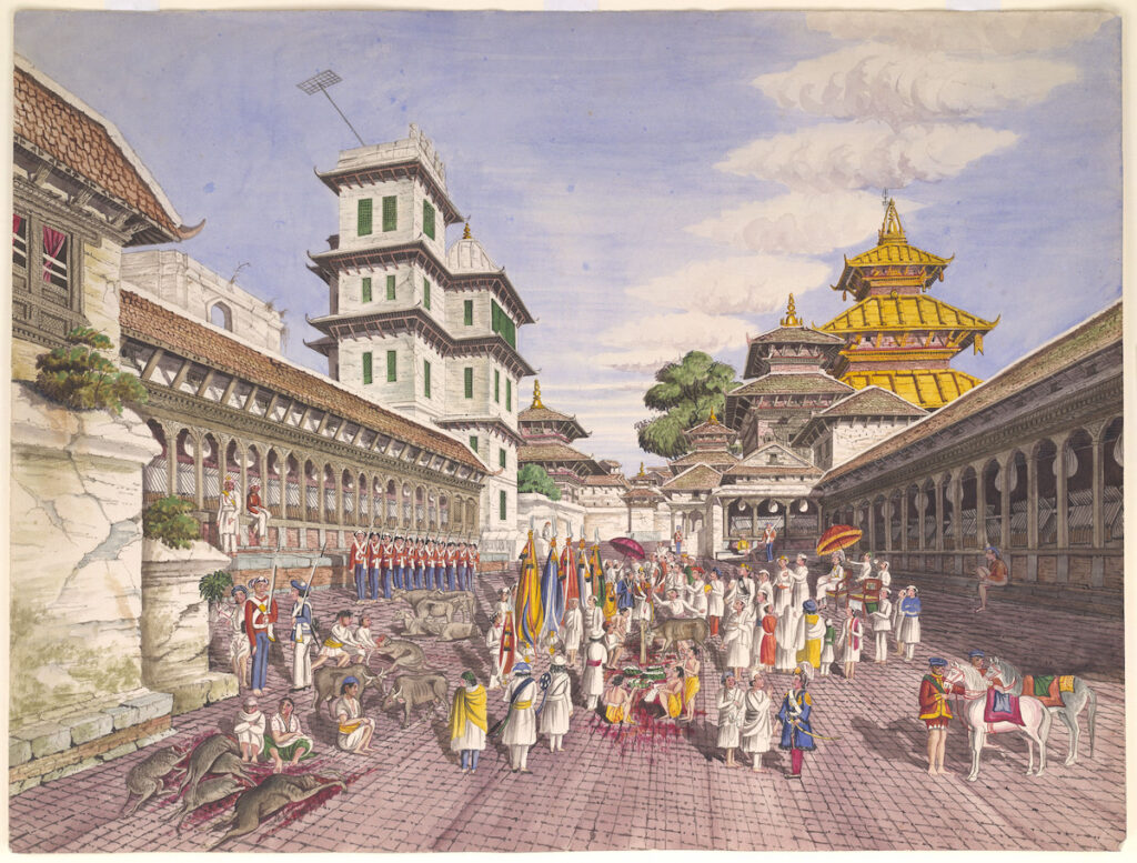 बेलायती चिकित्सक हेनरी एम्ब्रोस ओल्डफिल्डद्वारा १७० वर्षअघि बनाइएको काठमाडौंको कोतको दसैं चित्र